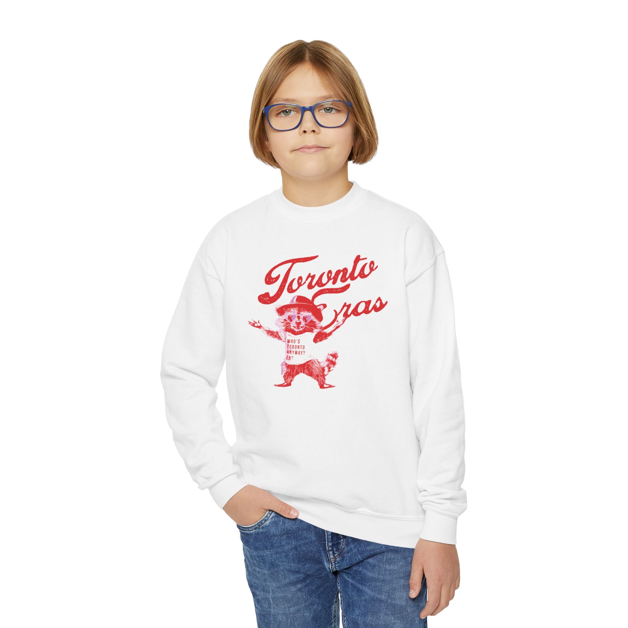 Kid's Who's Toronto Anyway Raccoon Toronto Eras Crewneck Sweatshirt